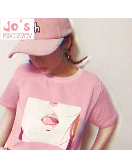 Koszulkę Femme 2017 wargi Sexy TShirt Kawaii Korea Ulzzang Harajuku drukowane kobiety różowy t-shirty na co dzień luźna koszulka