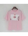 Koszulkę Femme 2017 wargi Sexy TShirt Kawaii Korea Ulzzang Harajuku drukowane kobiety różowy t-shirty na co dzień luźna koszulka