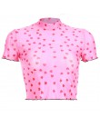 Darlingaga na co dzień różowe słodkie mesh koszulka top kobiety serce drukuj przezroczyste 2019 lato t koszula z krótkim rękawem