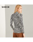 SHEIN czarny i biały Highstreet wysoka Neck Zebra druku swetry z długim rękawem Tee 2018 jesień odzież robocza dla kobiet i topy