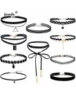 Jewdy 10 sztuk/zestaw Choker naszyjniki Gothic tatuaż czarne koronkowe skórzane aksamitne Collier kobiety kołnierz Femme Choker 