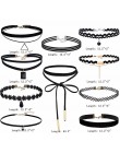 Jewdy 10 sztuk/zestaw Choker naszyjniki Gothic tatuaż czarne koronkowe skórzane aksamitne Collier kobiety kołnierz Femme Choker 