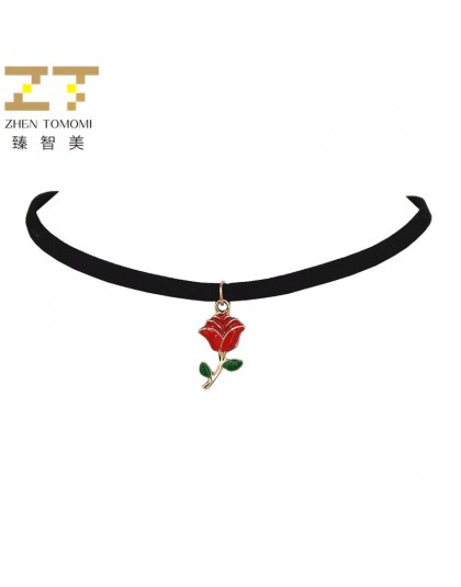 Hot moda Retro czerwone róże wisiorki Collares Collier czarna aksamitna skóra Chokers naszyjniki dla kobiet biżuteria 2018 New A