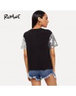 ROMWE cekiny rękaw druku 2019 na co dzień czarny lato krótki rękaw koszulka damska stylowe kobiet wokół szyi topy