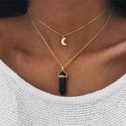 X291 moda biżuteria naturalny czarny biały kamień Choker naszyjnik kobiety złoty kolor księżyc półksiężyc wisiorek wielowarstwow