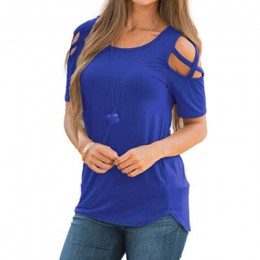 Letnia koszulka kobiet 2019 na co dzień z krótkim rękawem luźne topy Tee koszula Hollow Out z dekoltem w kształcie litery "Solid