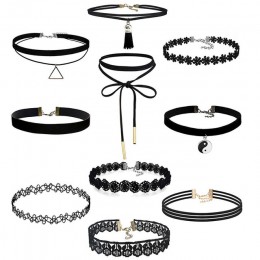 10 sztuk/zestaw Gothic Punk styl aksamitna tatuaż koronki Choker naszyjnik długi wisiorek – biżuteria kobiety czarny Choker kołn