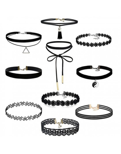 10 sztuk/zestaw Gothic Punk styl aksamitna tatuaż koronki Choker naszyjnik długi wisiorek – biżuteria kobiety czarny Choker kołn