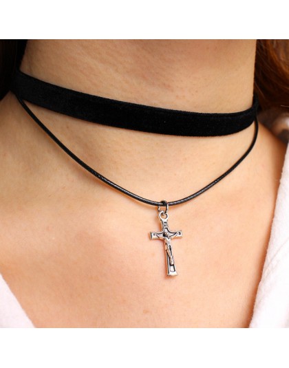 Proste geometryczne podwójne warstwy Chokers naszyjniki Punk Hollow czarny skórzany zamszowy kołnierz naszyjnik choker Collier f