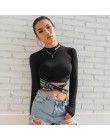 HEYounGIRL Patchwork z długim rękawem Crop Top bandaż czarny T koszula kobiety Hollow Out list wydrukowano Tshirt Casual Harajuk