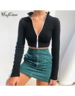 Hugcitar z długim rękawem patchwork na zamek wysokiej szyi sexy crop topy t koszula 2018 jesień zima kobiety moda nowy casual t-