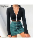 Hugcitar z długim rękawem patchwork na zamek wysokiej szyi sexy crop topy t koszula 2018 jesień zima kobiety moda nowy casual t-