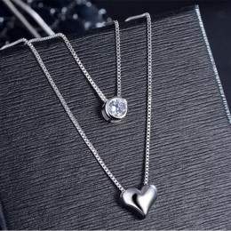 Anenjery 925 Sterling srebrny naszyjnik podwójna warstwa łańcucha cyrkon serce wisiorki naszyjniki dla kobiet kolye Choker S-N15