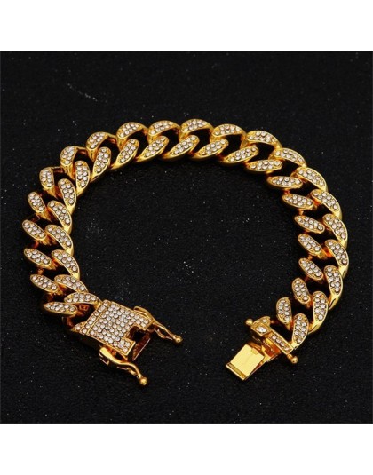 13mm Miami kubański Link Chain złoty srebrny naszyjnik bransoletka Iced Out kryształ Rhinestone Bling Hip hop dla mężczyzn biżut