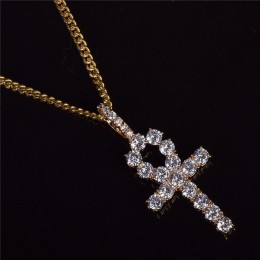 Łańcuch Krzyż Ankh wisiorek z cyrkoniami naszyjnik Hip Hop klucz życia srebrny złoty
