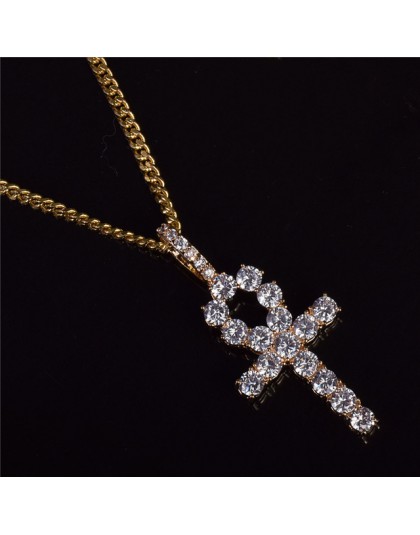 Łańcuch Krzyż Ankh wisiorek z cyrkoniami naszyjnik Hip Hop klucz życia srebrny złoty