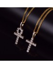 Iced cyrkon Ankh krzyż naszyjnik zestaw złoto srebro miedź materiał Bling CZ klucz do życia egipt krzyż naszyjnik Hip Hop biżute
