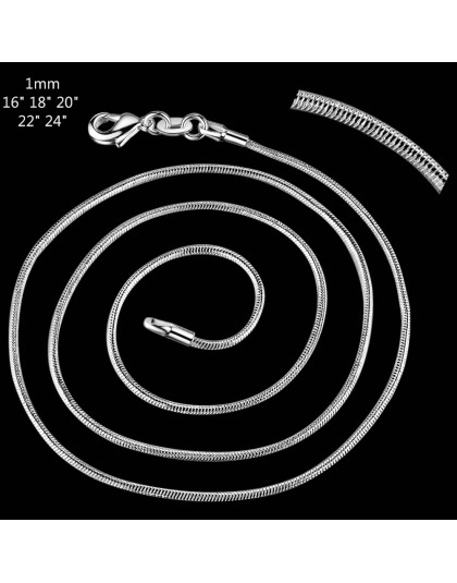 C008 darmowa Shipping16 cal 18 cal 20 cal 22 cal 24 cal posrebrzane 1 MM wąż łańcuch naszyjnik 925 tłoczony dla kobiet moda biżu