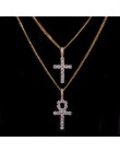 Iced cyrkon Ankh krzyż naszyjnik zestaw złoto srebro miedź materiał Bling CZ klucz do życia egipt krzyż naszyjnik Hip Hop biżute