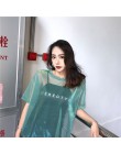 Foxmertor 2019 lato kobiety perspektywy światła przędza jedwabiu Sexy klub z krótkim rękawem O-neck T-shirt różowy zielony niebi