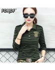 Wysokiej jakości na co dzień koszulka POLO Plus Size kobiet z długim rękawem topy wojskowy styl bawełna zieleń wojskowa paski Sl