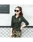 Wysokiej jakości na co dzień koszulka POLO Plus Size kobiet z długim rękawem topy wojskowy styl bawełna zieleń wojskowa paski Sl