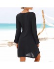 Mini sukienka damska o prostym kroju z długim rękawem czarna na plażę na lato na wakacje zwiewna