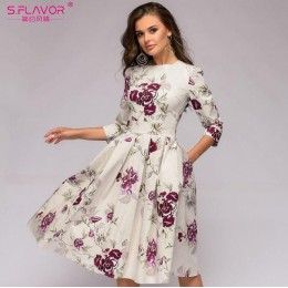 S. FLAVOR kobiety elegancka linia a sukienka 2019 w stylu Vintage drukowania party vestidos trzy czwarte rękaw kobiet szczupła l