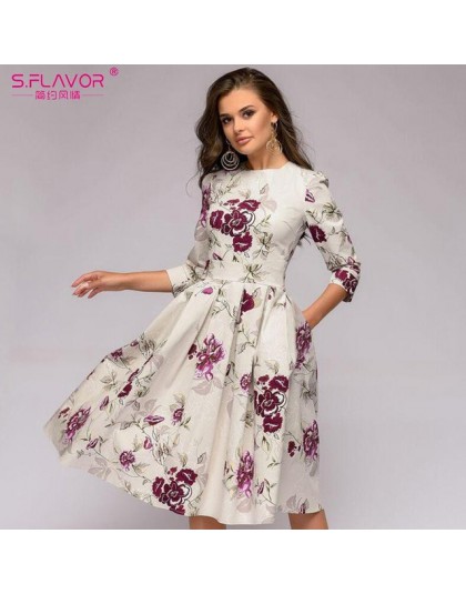 S. FLAVOR kobiety elegancka linia a sukienka 2019 w stylu Vintage drukowania party vestidos trzy czwarte rękaw kobiet szczupła l