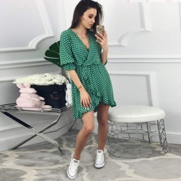 DICLOUD krótki kobiety sukienka Ruffles drukuj Polka Dot Sexy Bodycon plaża kobiet pół rękawa lato Party Mini sukienki Vestidos