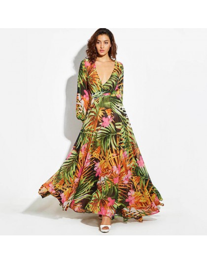 Sukienka z długim rękawem zielona tropikalna plaża w stylu Vintage sukienki Maxi Boho