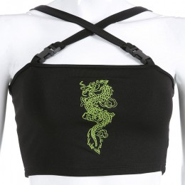 Modny krótki dopasowany top damski z oryginalnym wzorem smoka na piersi krzyżujące się ramiączka na dekolcie i plecach