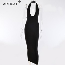 Arctic cat Halter Backless seksowna koszulka z dzianiny sukienka ołówkowa kobiety biały Off ramię długie Bodycon sukienka na imp