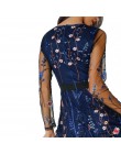 Modna koronkowa mini haftowana sukienka damska w kwiaty tiulowe prześwitujące długie rękawy pasek w talii czarna granatowa