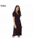 Vadim w stylu vintage V neck kwiatowy wzór midi wrap sukienka cherry muszka krzyż projekt z krótkim rękawem w stylu retro vestid