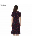 Vadim w stylu vintage V neck kwiatowy wzór midi wrap sukienka cherry muszka krzyż projekt z krótkim rękawem w stylu retro vestid