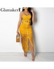 Glamaker Hollow out sexy żółty długa sukienka kobiety biały koronki wzburzyć maxi sukienka wieczorowa Bodycon lato czerwony holi