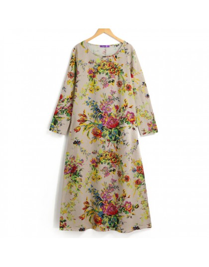 EaseHut 2019 nowy w stylu Vintage kobiety Maxi kwiatowy sukienka Plus rozmiar długie rękawy kieszenie O szyi bawełna len luźne s
