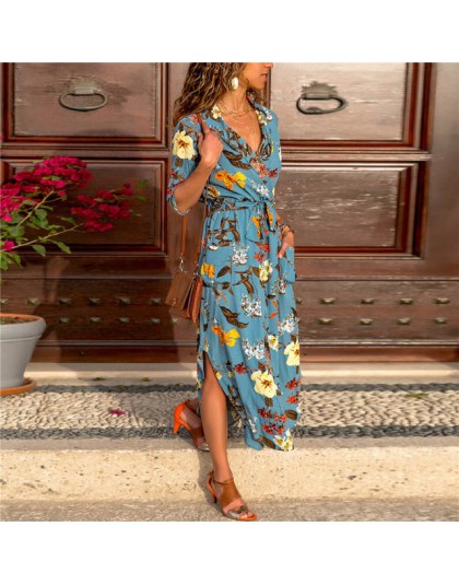 Długa koszulowa asymetryczna sukienka w kwiaty paski we wzory z długim rękawem wiązana w pasie z rozporkiem