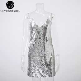 Głębokie V Neck srebrny Sequined Backless seksowna sukienka kobiety Off ramię Mini sukienka krótka krótki boże narodzenie Party 