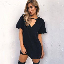 Mini sukienka choker dekolt w serek czarna letnia t-shirt z krótkim rękawem na co dzień boho seksowna plażowa