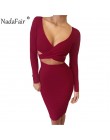 Nadafair czerwony czarny biały z długim rękawem elastyczna bawełna ciepłe sukienek Vestidos Sexy Midi ołówek klub Bodycon bandaż