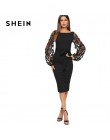 SHEIN czarny Party elegancki kwiat aplikacja kontrast Mesh rękaw forma dopasowanie z paskiem solidna sukienka jesień kobiety Str