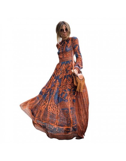 Elegancka długa sukienka boho zabudowana pod szyję z długim rękawem trapezowa zwiewna w geometryczne wzory